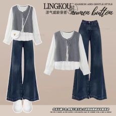 批发大码秋季轻熟风套<b class='q'>装</b>女减龄气质假两件<b class='q'>衬衫</b>搭复古显瘦牛仔<b class='q'>裤</b>两件套