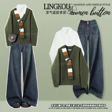 批发大码秋冬季高级感套<b class='q'>装</b>女学院风减龄针织毛衣<b class='q'>衬衫</b>阔腿牛仔<b class='q'>裤</b>三件套