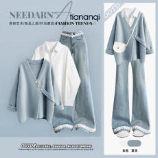 批发大码女开秋牛仔套装<b class='q'>胖</b><b class='q'>mm</b><b class='q'>高级</b>感显瘦遮肉粉色毛衣衬衫微喇裤三件套