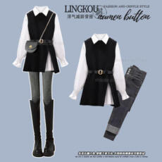 批发秋季穿搭一整套女2025新款大码针织马甲搭配衬衫显瘦<b class='q'>牛仔</b>裤三件套