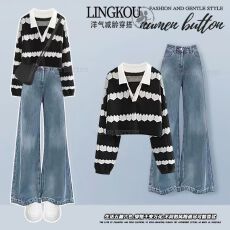 批发秋冬韩系套装女短款爱心印花针织毛衣搭复古显瘦阔腿<b class='q'>牛仔</b>裤两件套