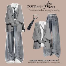 批发韩系秋冬穿搭学院风慵懒宽松毛衣开衫显瘦衬衫搭高腰<b class='q'>牛仔</b>裤三件套