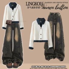 批发秋季小香风新款穿搭慵懒风设计感假两件上衣搭配复古<b class='q'>牛仔</b>裤两件套