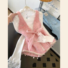 批发法式蝴蝶结刺绣针织v领背心蕾丝打底女秋冬季高级感无袖两件套潮