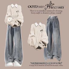 批发氛围感早秋穿搭学院风毛衣小个子针织衬衫上衣搭配时髦<b class='q'>牛仔</b>裤套装