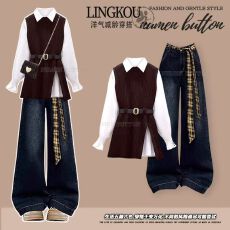 批发秋季穿搭一整套女2025新款针织马甲搭衬衫显瘦高级感<b class='q'>牛仔</b>裤三件套