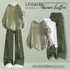 批发大码秋季小清新套装女学院风气质针织卫衣打底衫显瘦工装裤三件套