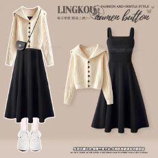 批发<b class='q'>大码</b>秋冬气质套装女软糯减龄针织毛衣搭复古显瘦别致连衣裙两件套