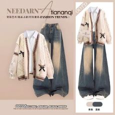 批发秋冬学院风温柔穿搭套装女韩系针织开衫打底衬衫复古牛仔裤三件套