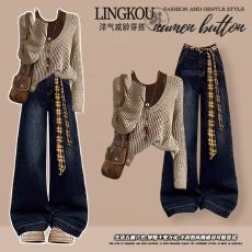 批发秋季洋气套装女美拉德复古镂空针织上衣吊带<b class='q'>背心</b>阔腿<b class='q'>牛仔裤</b>两件套