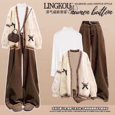 批发大码秋冬美拉德套装女气质针织开衫打底衫高级感显瘦休闲裤三件套