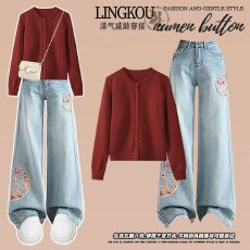 批发大码<b class='q'>春</b>秋小香风套装女新年战袍红色针织衫毛衣高级感牛仔裤两件套