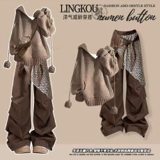 批发大码秋季美拉德套装女气质复古连帽卫衣打底衫设计感工装裤三件套