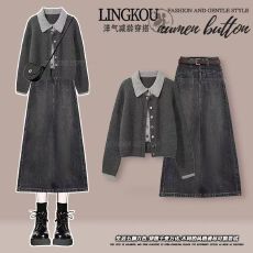 批发<b class='q'>大码</b>秋季气质套装女减龄撞色假两件针织衫搭复古牛仔半身裙两件套