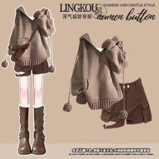 批发大码秋季美拉德套装女减龄连帽针织毛衣高腰牛仔短裤打底衫三件套