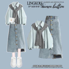 批发<b class='q'>大码</b>秋季学院风套装女减龄衬衫披肩搭高腰设计感牛仔半身裙三件套