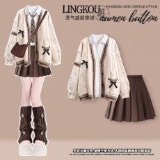 批发大码秋季学院风套装女减龄显瘦针织开衫内搭衬衫配百褶短裙三件套