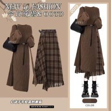 批发<b class='q'>大码</b>秋季美拉德套装女不撞款长款针织毛衣搭减龄格子半身裙两件套