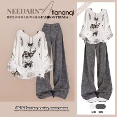 批发2025秋季时尚穿搭辣妹美式涂鸦蝴蝶镂空上衣搭配直筒阔腿裤两件套