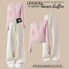 批发大码秋季气质套装女韩系假两件针织衫毛衣搭高腰显瘦休闲裤两件套