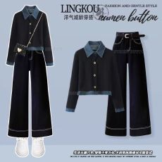 批发大码秋季学院风套装女设计感气质针织上衣搭减龄显瘦牛仔裤两件套