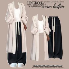 批发大码秋季洋气套装针织开衫大衣外套内搭吊带高腰显瘦休闲裤三件套