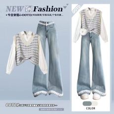 批发小个子早秋季通勤套装女减龄设计感撞色针织马甲衬衫<b class='q'>牛仔</b>裤三件套