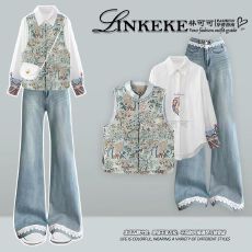 批发秋季一整套轻熟风穿搭国风<b class='q'>碎花</b>马甲搭百搭<b class='q'>衬衫</b>搭小众牛仔裤三件套