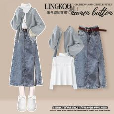 批发<b class='q'>大码</b>秋季韩系套装女减龄针织开衫打底衫搭配开叉牛仔半身裙三件套