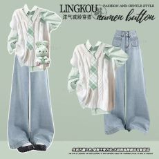 批发大码秋季韩系套装女高级感洋气针织马甲显瘦休闲<b class='q'>牛仔</b>裤衬衫三件套