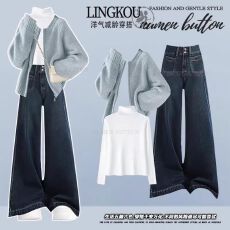 批发大码秋季高级感套装女轻熟风减龄针织上衣打底衫显瘦牛仔裤三件套