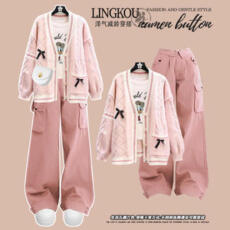 批发大码秋季洋气套装女高级感针织毛衣开衫外套高腰显瘦休闲裤两件套