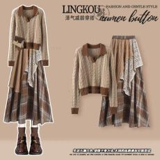 批发<b class='q'>大码</b>早秋美拉德套装女废土风减龄小众毛衣搭拼接蕾丝半身裙两件套