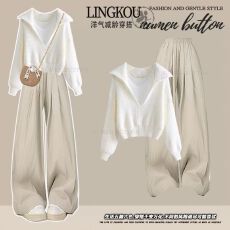 批发大码秋季韩系套装女轻奢减龄针织上衣内搭背心配显瘦休闲裤三件套