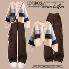 批发大码韩系chic别致套装小个子秋季针织毛衣外套搭配洋气工装休闲裤