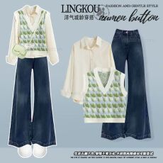 批发大码秋季轻熟风套装女小清新减龄针织马甲搭复古<b class='q'>牛仔</b>裤衬衫三件套