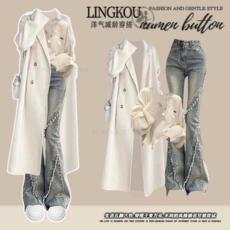 批发秋冬韩系氛围感穿搭一整套女气质高级感外套毛衣阔腿牛仔裤三件套