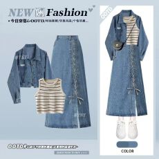 批发秋季一整套穿搭时尚气质<b class='q'>牛仔</b>外套配条纹<b class='q'>吊带</b><b class='q'>背心</b>女高腰<b class='q'>牛仔</b>半身裙