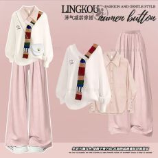 批发2025新款<b class='q'>甜美</b>一整套穿搭女撞色针织衫叠粉色衬衫搭高腰休闲裤秋季