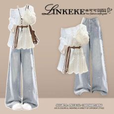 批发早秋季一整套韩系显瘦长袖镂空上衣2025新款宽松阔腿牛仔裤两件套