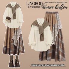 批发大码<b class='q'>春</b>秋气质套装女韩系温柔休闲衬衫设计感拼接格子半身裙两件套