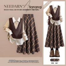 批发慵懒风休闲气质针织马甲2025新款秋季显瘦衬衫搭格子半身裙三件套