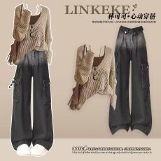 批发早秋慵懒风套装女设计感镂空罩衫咖色吊带搭配渐变黑色裤子三件套