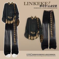 批发秋季一整套<b class='q'>街头</b>风穿搭女韩系学院的气质上衣搭配黑色休闲裤两件套