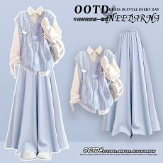 批发miu里miu气穿搭学院风针织马甲衬衫女早秋季2025多巴胺裙裤三件套