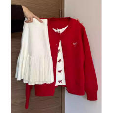 批发时尚减龄蝴蝶结纽扣针织开衫配显瘦百褶短裙两件套女2025秋季穿搭