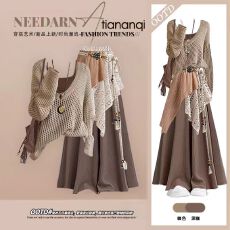 批发废土风穿搭早秋季流行风格法式慵懒松弛感镂空罩衫吊带<b class='q'>裙裤</b>四件套