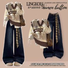 批发大码秋季设计感套装女学院风复古针织马甲搭衬衫美式<b class='q'>牛仔</b>裤三件套