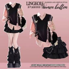 批发大码秋季气质套装女设计感针织马甲粉色打底衫辣妹蛋糕短裙三件套