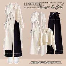 批发秋冬韩系套装女气质温柔风<b class='q'>外套</b>针织毛衣复古显瘦阔腿<b class='q'>牛仔</b>裤三件套